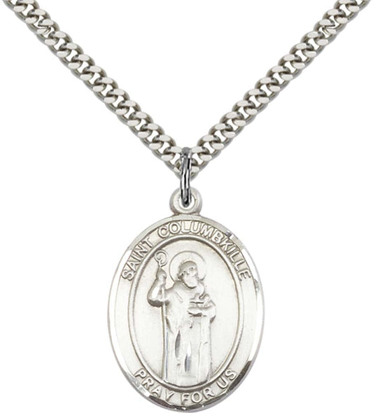 Sterling Silver St. Columbkille Pendant with 24 Inch Light Rhodium Heavy Curb Chain