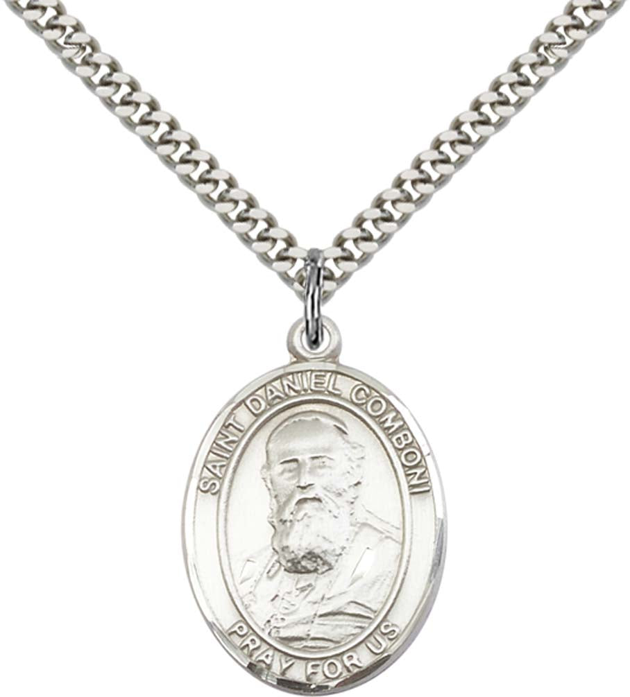 Sterling Silver St. Daniel Comboni Pendant with 24 Inch Light Rhodium Heavy Curb Chain