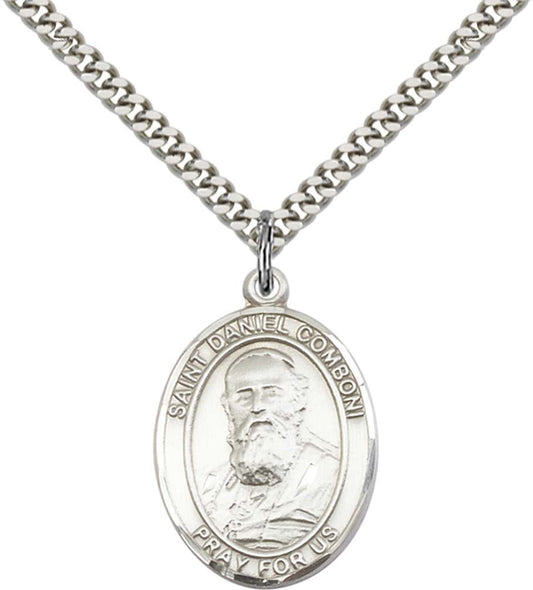 Sterling Silver St. Daniel Comboni Pendant with 24 Inch Light Rhodium Heavy Curb Chain