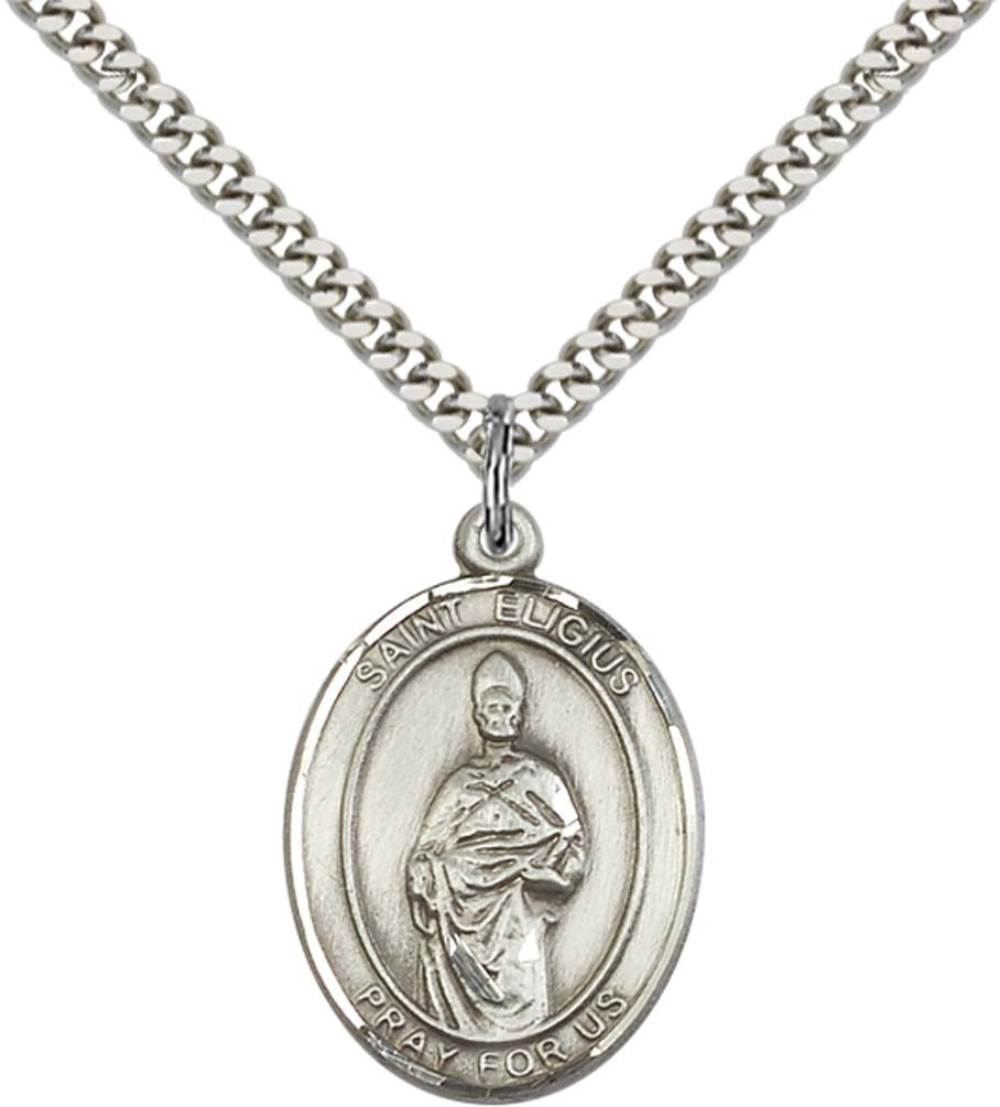 Sterling Silver St. Eligius Pendant with 24 Inch Light Rhodium Heavy Curb Chain