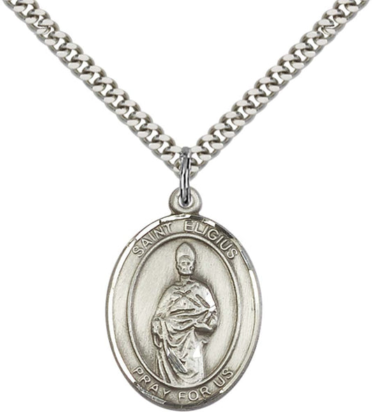 Sterling Silver St. Eligius Pendant with 24 Inch Light Rhodium Heavy Curb Chain