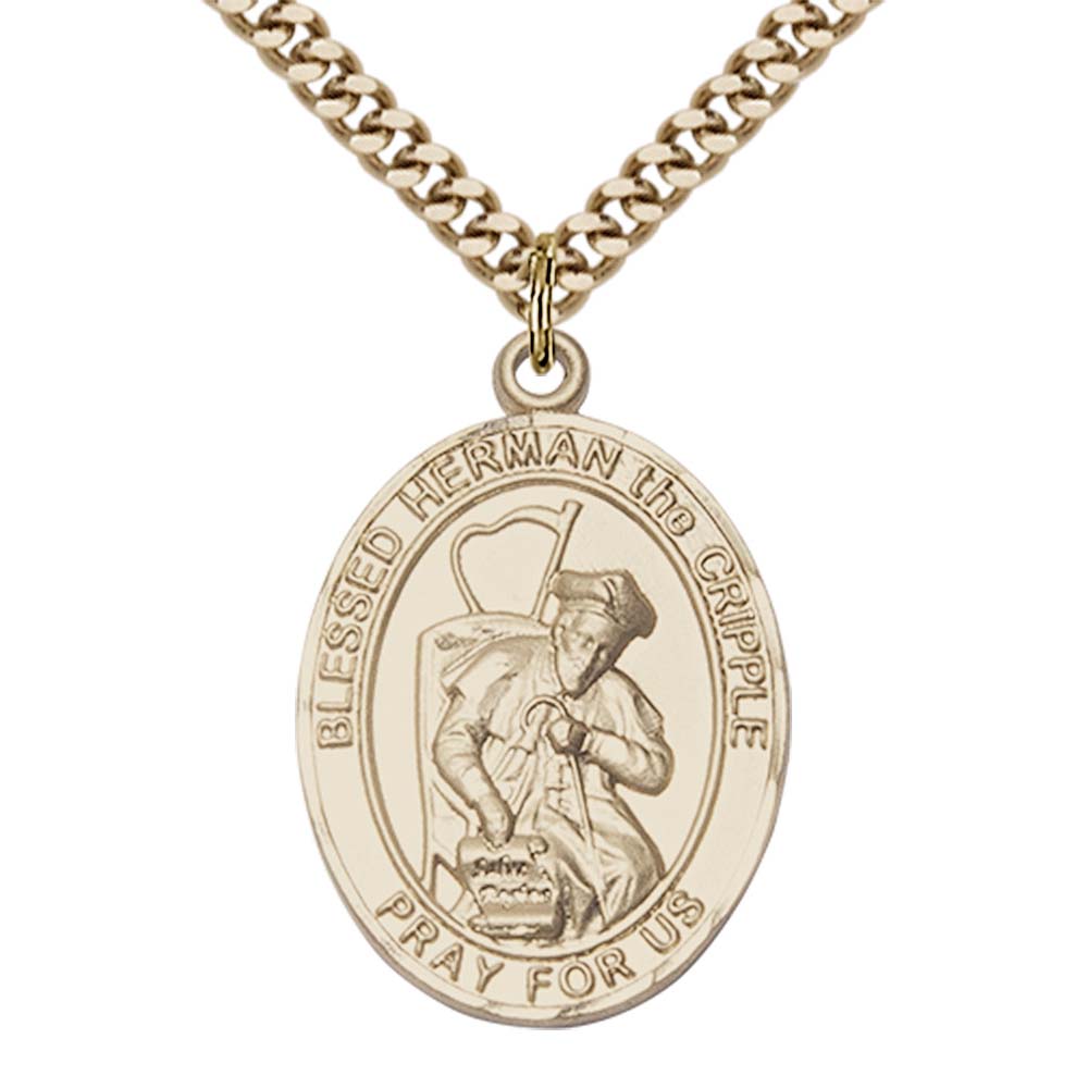 14kt Gold Filled Blessed Herman the Cripple Pendant with 24 inch Gold Plate Heavy Curb Chain