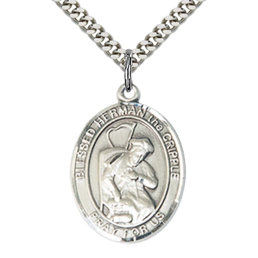 Sterling Silver Blessed Herman the Cripple Pendant with 24 Inch Light Rhodium Heavy Curb Chain