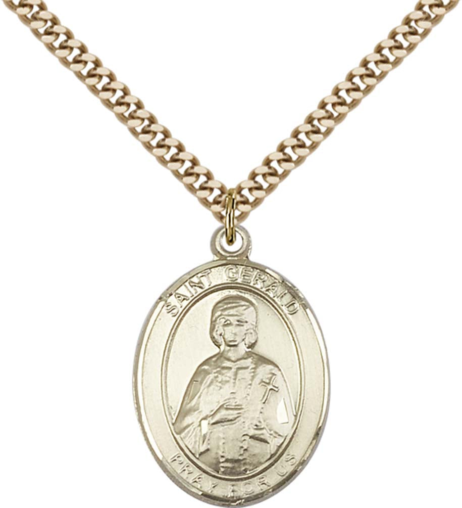 14kt Gold Filled St. Gerald Pendant with 24 inch Gold Plate Heavy Curb Chain