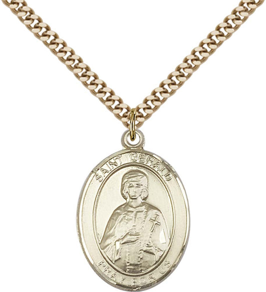 14kt Gold Filled St. Gerald Pendant with 24 inch Gold Plate Heavy Curb Chain