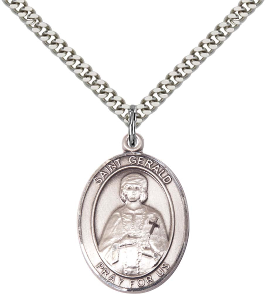 Sterling Silver St. Gerald Pendant with 24 Inch Light Rhodium Heavy Curb Chain