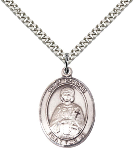 Sterling Silver St. Gerald Pendant with 24 Inch Light Rhodium Heavy Curb Chain