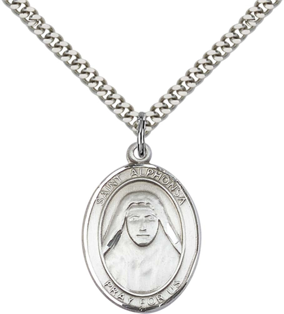Sterling Silver St. Alphonsa Pendant with 24 Inch Light Rhodium Heavy Curb Chain