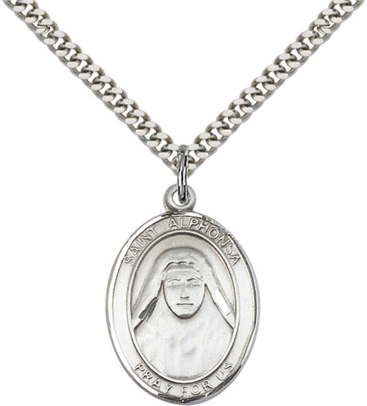 Sterling Silver St. Alphonsa Pendant with 24 Inch Light Rhodium Heavy Curb Chain