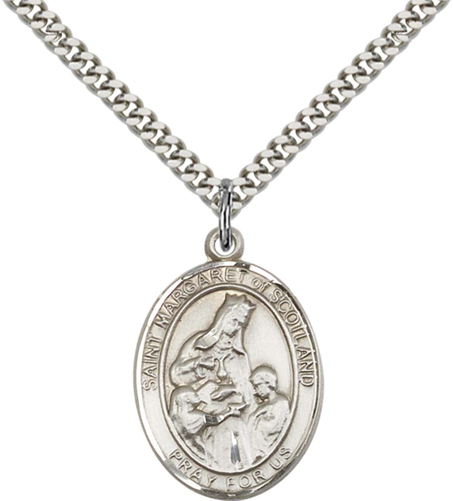 Sterling Silver St. Margaret of Scotland Pendant with 24 Inch Light Rhodium Heavy Curb Chain