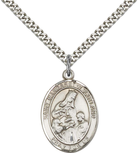 Sterling Silver St. Margaret of Scotland Pendant with 24 Inch Light Rhodium Heavy Curb Chain