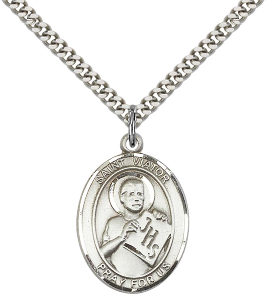 Sterling Silver St. Viator of Bergamo Pendant with 24 Inch Light Rhodium Heavy Curb Chain