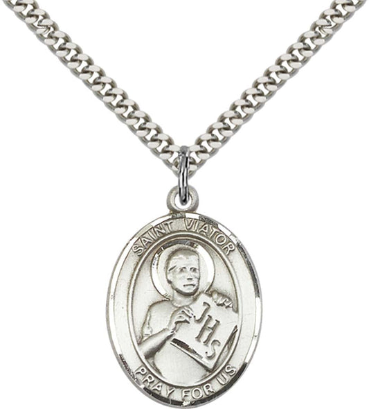 Sterling Silver St. Viator of Bergamo Pendant with 24 Inch Light Rhodium Heavy Curb Chain