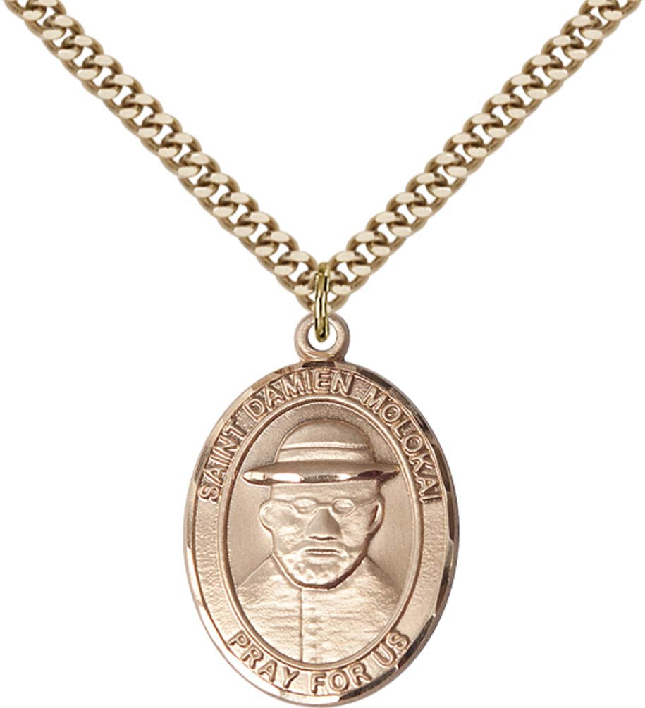 14kt Gold Filled St. Damien of Molokai Pendant with 24 inch Gold Plate Heavy Curb Chain