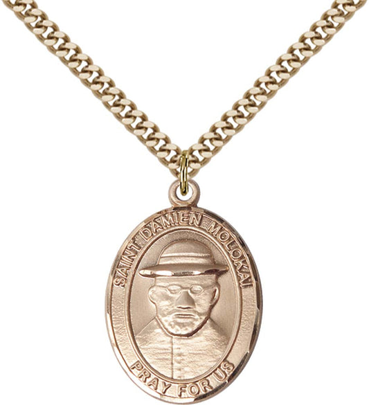 14kt Gold Filled St. Damien of Molokai Pendant with 24 inch Gold Plate Heavy Curb Chain