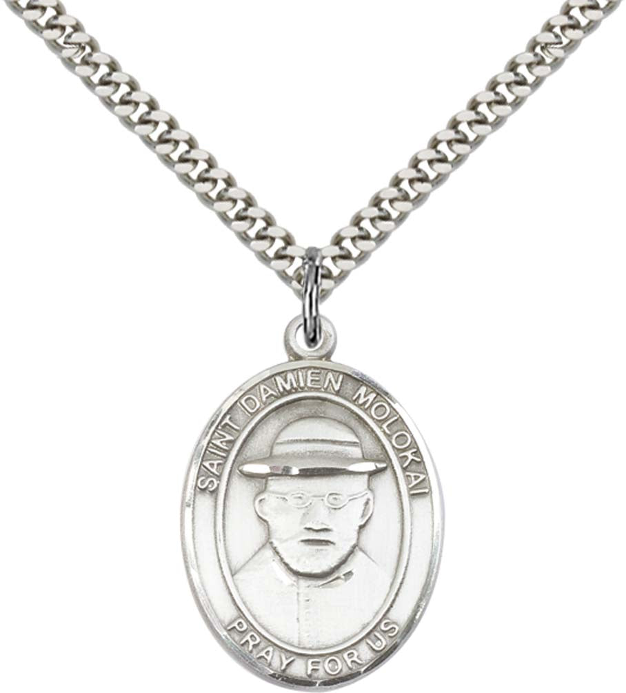 Sterling Silver St. Damien of Molokai Pendant with 24 Inch Light Rhodium Heavy Curb Chain