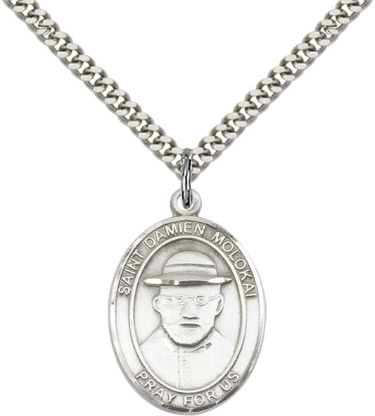 Sterling Silver St. Damien of Molokai Pendant with 24 Inch Light Rhodium Heavy Curb Chain