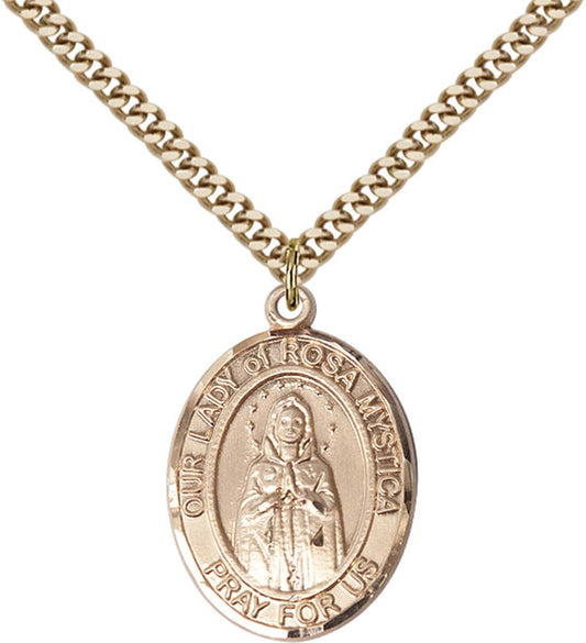 14kt Gold Filled O/L of Rosa Mystica Pendant with 24 inch Gold Plate Heavy Curb Chain