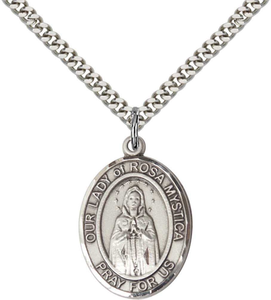 Sterling Silver O/L of Rosa Mystica Pendant with 24 Inch Light Rhodium Heavy Curb Chain