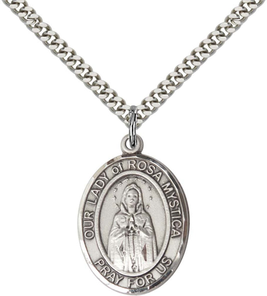 Sterling Silver O/L of Rosa Mystica Pendant with 24 Inch Light Rhodium Heavy Curb Chain