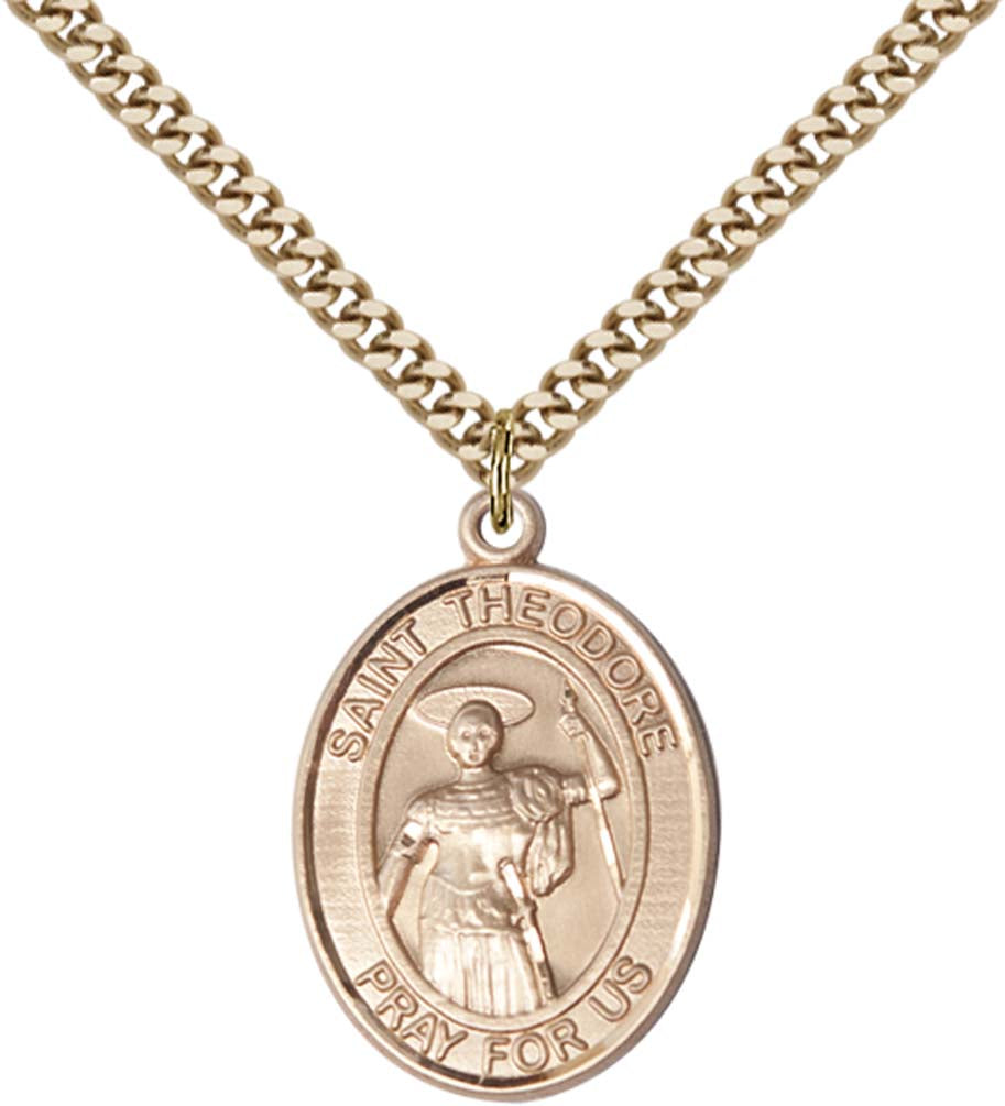 14kt Gold Filled St. Theodore Stratelates Pendant with 24 inch Gold Plate Heavy Curb Chain