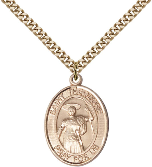 14kt Gold Filled St. Theodore Stratelates Pendant with 24 inch Gold Plate Heavy Curb Chain