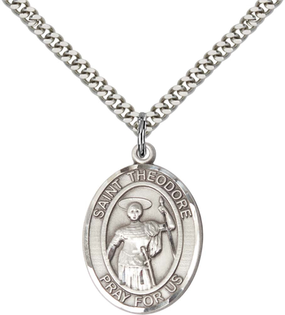 Sterling Silver St. Theodore Stratelates Pendant with 24 Inch Light Rhodium Heavy Curb Chain