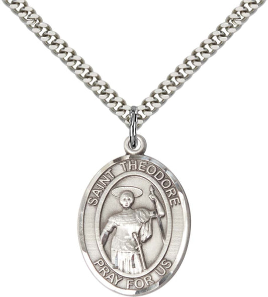 Sterling Silver St. Theodore Stratelates Pendant with 24 Inch Light Rhodium Heavy Curb Chain