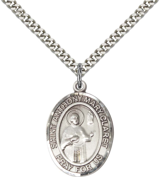 Sterling Silver St. Anthony Mary Claret Pendant with 24 Inch Light Rhodium Heavy Curb Chain