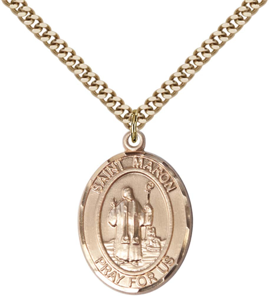 14kt Gold Filled St. Maron Pendant with 24 inch Gold Plate Heavy Curb Chain