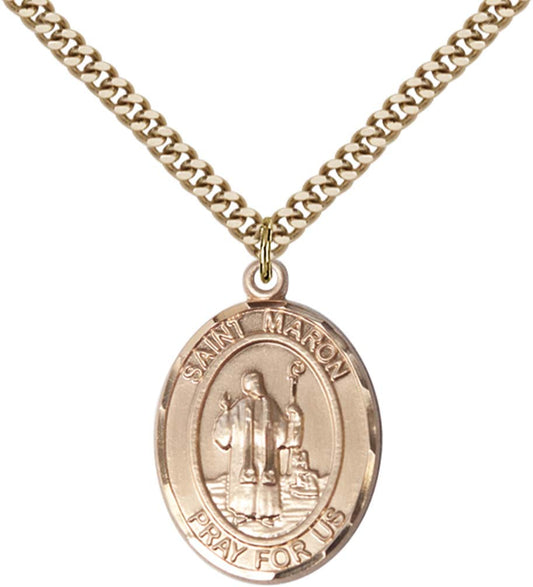 14kt Gold Filled St. Maron Pendant with 24 inch Gold Plate Heavy Curb Chain