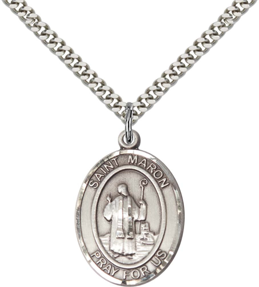 Sterling Silver St. Maron Pendant with 24 Inch Light Rhodium Heavy Curb Chain