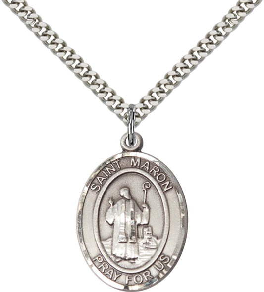 Sterling Silver St. Maron Pendant with 24 Inch Light Rhodium Heavy Curb Chain