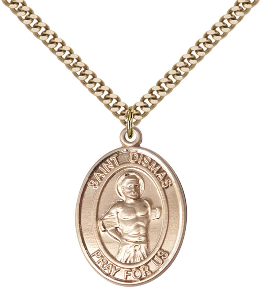 14kt Gold Filled St. Dismas Pendant with 24 inch Gold Plate Heavy Curb Chain