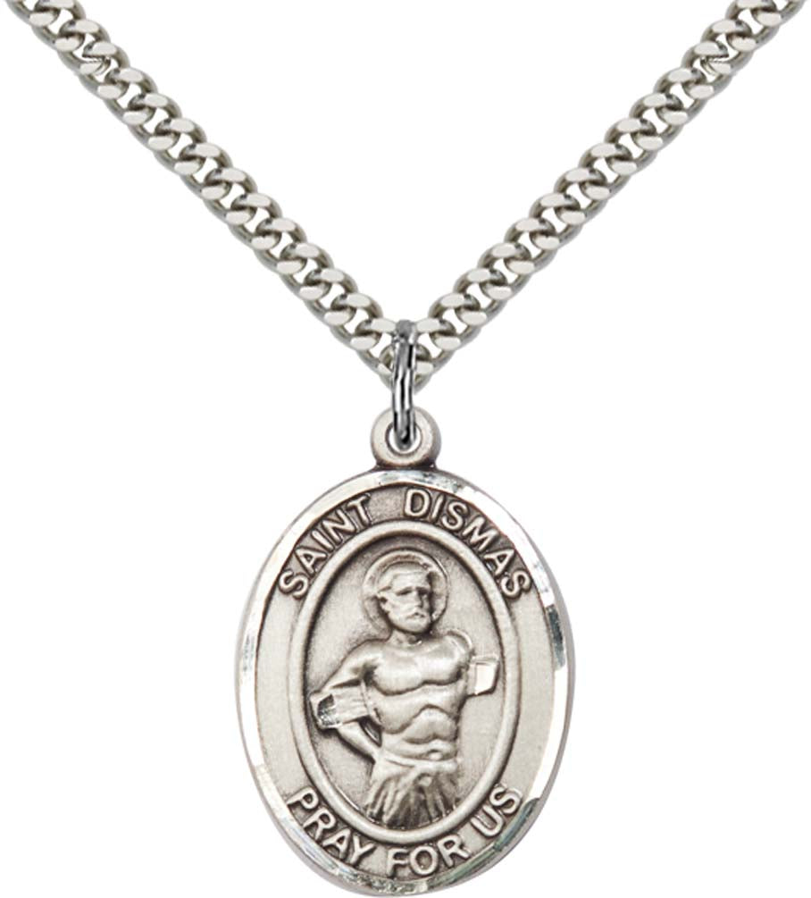 Sterling Silver St. Dismas Pendant with 24 Inch Light Rhodium Heavy Curb Chain