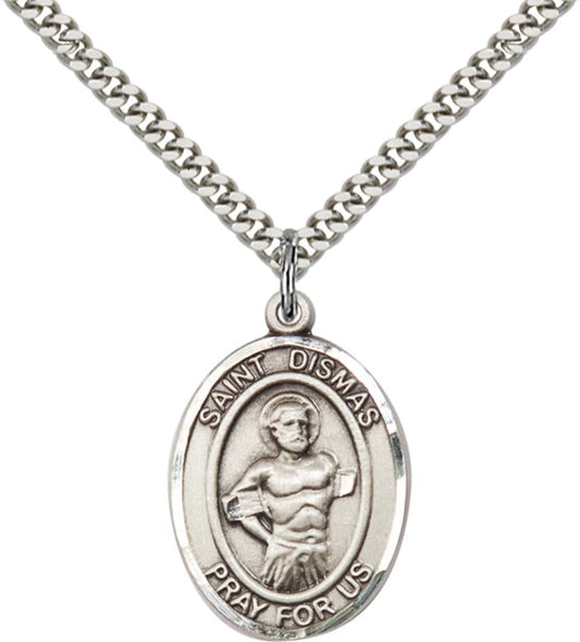 Sterling Silver St. Dismas Pendant with 24 Inch Light Rhodium Heavy Curb Chain
