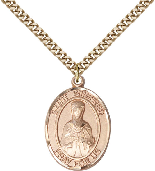 14kt Gold Filled St. Winifred of Wales Pendant with 24 inch Gold Plate Heavy Curb Chain