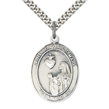 Sterling Silver St. Margaret Mary Alacoque Pendant with 24 Inch Light Rhodium Heavy Curb Chain - Large