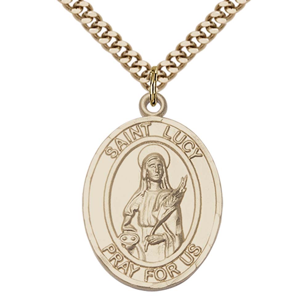 14kt Gold Filled St. Lucy Pendant with 24 inch Gold Plate Heavy Curb Chain