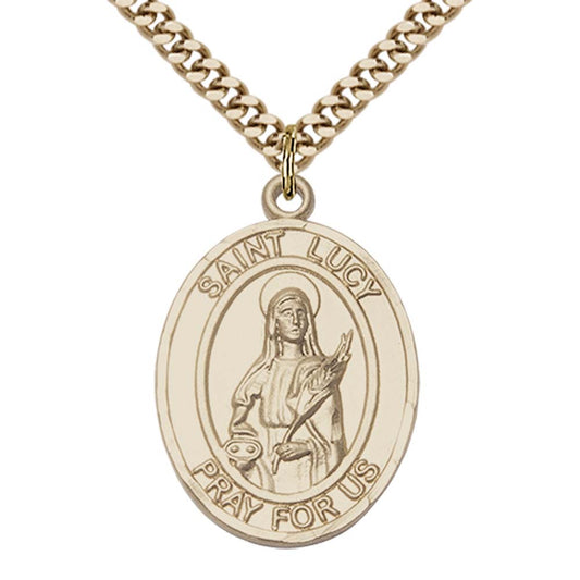 14kt Gold Filled St. Lucy Pendant with 24 inch Gold Plate Heavy Curb Chain