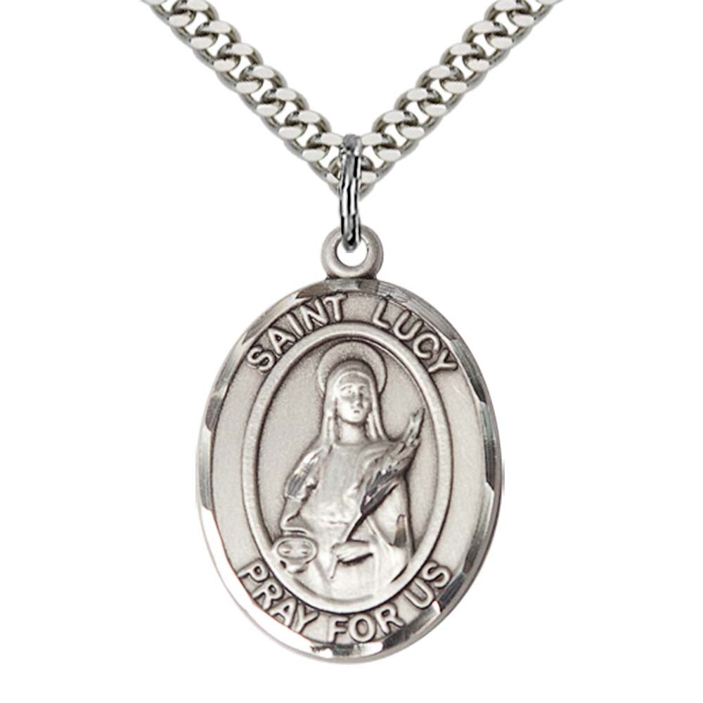 Sterling Silver St. Lucy Pendant with 24 Inch Light Rhodium Heavy Curb Chain