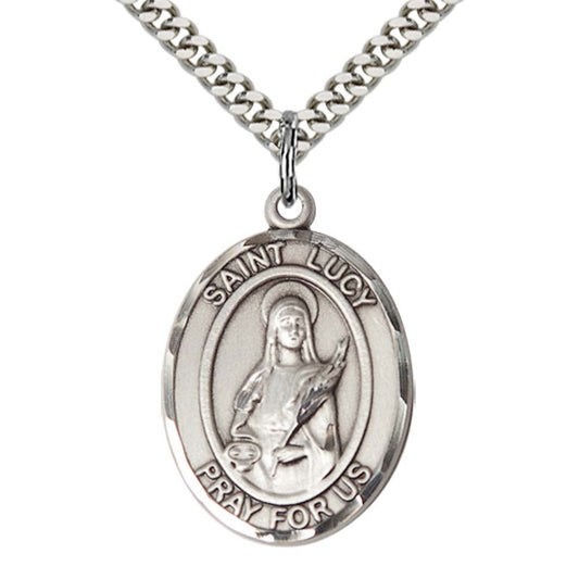 Sterling Silver St. Lucy Pendant with 24 Inch Light Rhodium Heavy Curb Chain