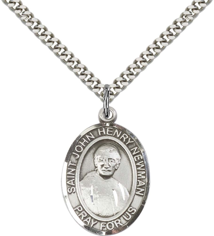 Sterling Silver Blessed John Henry Newman Pendant with 24 Inch Light Rhodium Heavy Curb Chain