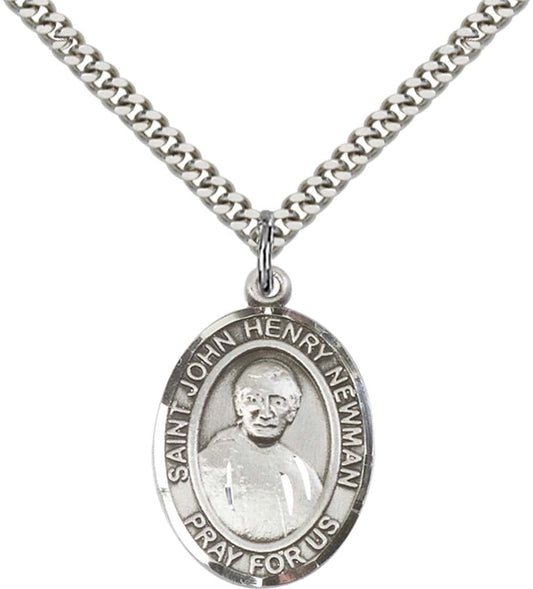 Sterling Silver Blessed John Henry Newman Pendant with 24 Inch Light Rhodium Heavy Curb Chain
