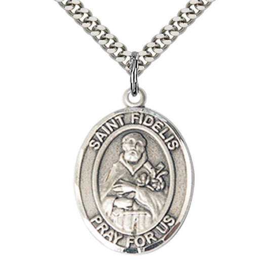 Sterling Silver St. Fidelis Pendant with 24 Inch Light Rhodium Heavy Curb Chain