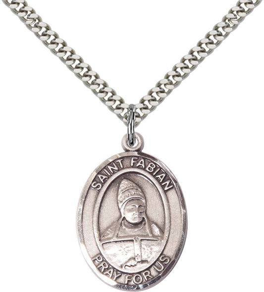 Sterling Silver St. Fabian Pendant with 24 Inch Light Rhodium Heavy Curb Chain
