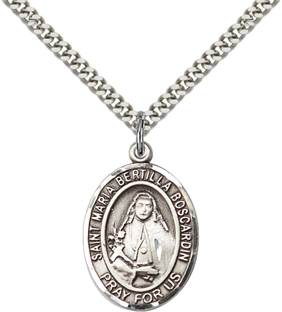 Sterling Silver St. Maria Bertilla Boscardin Pendant with 24 Inch Light Rhodium Heavy Curb Chain