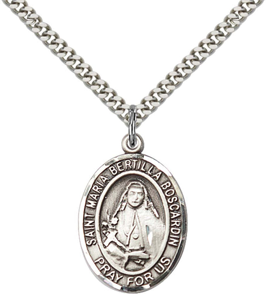 Sterling Silver St. Maria Bertilla Boscardin Pendant with 24 Inch Light Rhodium Heavy Curb Chain