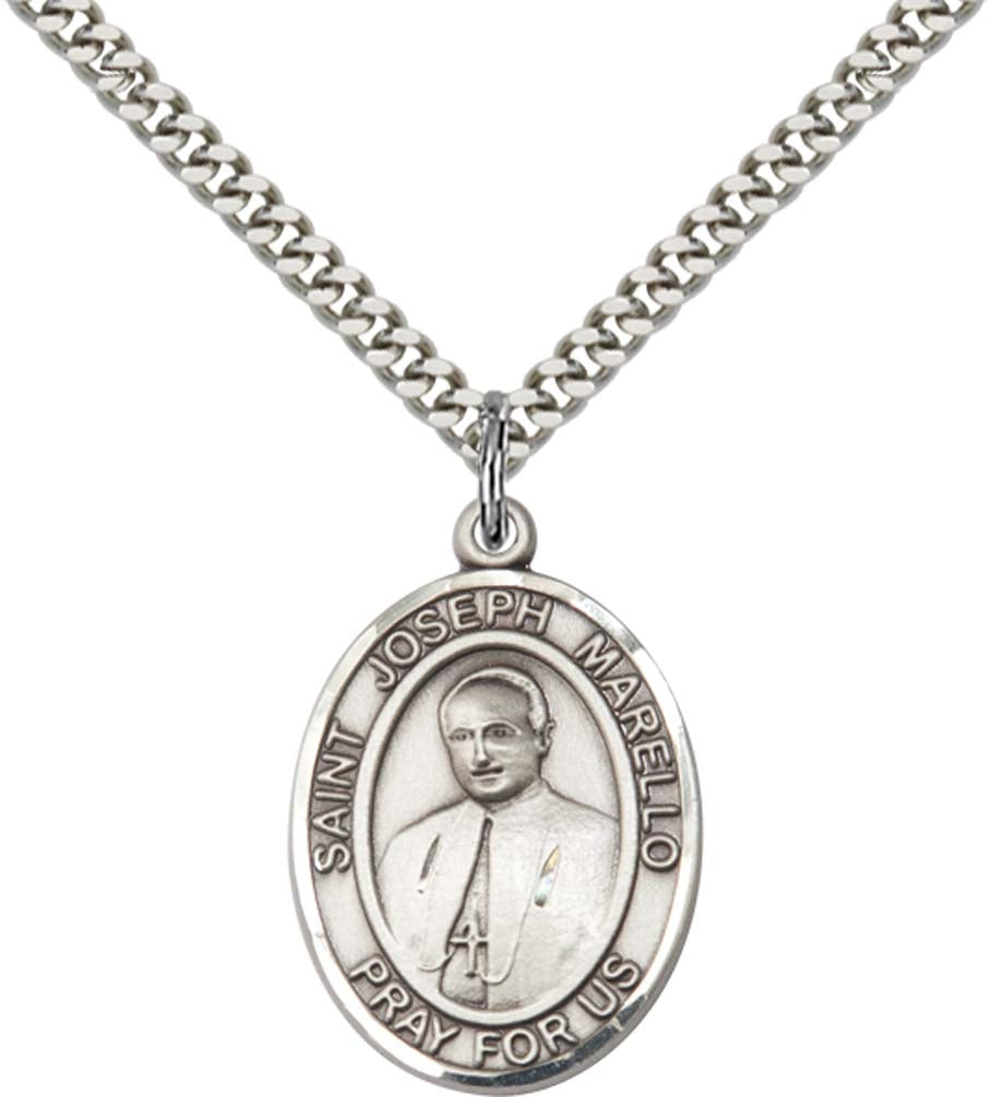 Sterling Silver St. Joseph Marello Pendant with 24 Inch Light Rhodium Heavy Curb Chain