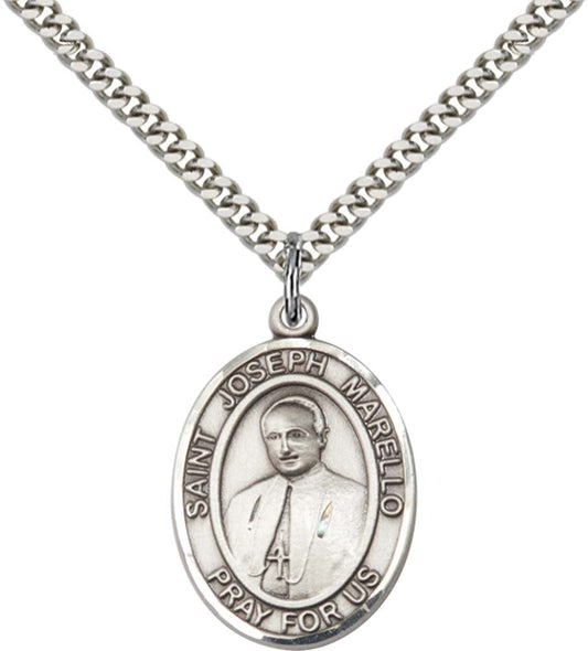 Sterling Silver St. Joseph Marello Pendant with 24 Inch Light Rhodium Heavy Curb Chain